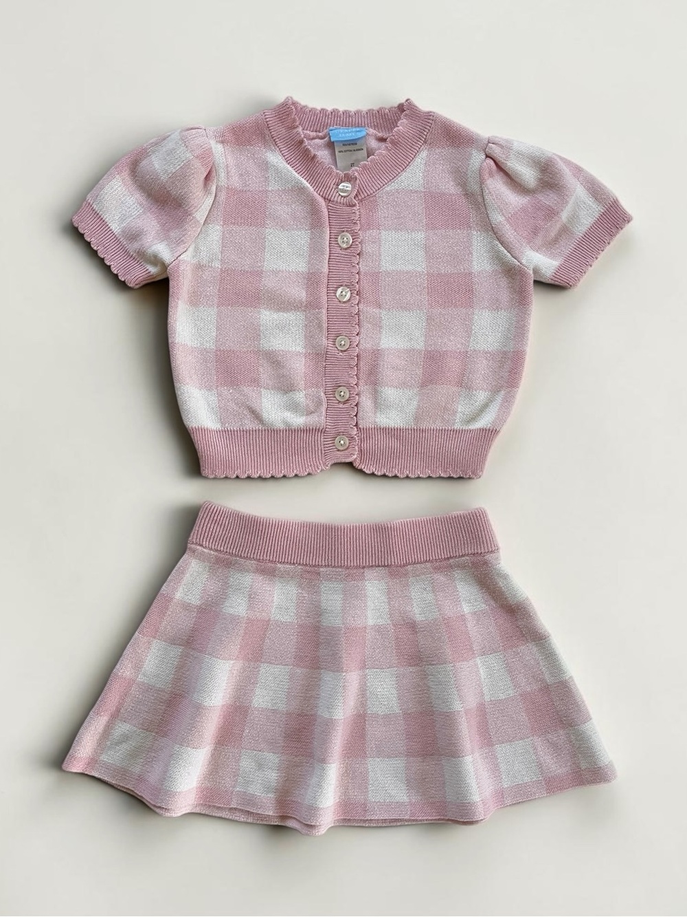 DRAPER JAMES VGUC Oversized Blush Pink Gingham Knit Cardigan Skirt Set
